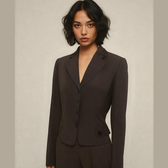 Tahari ASL Brown Beaded Floral Trim Evening Career Dressy Jacket Blazer 8 - Picture 1 of 14